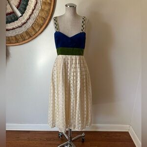Anthropologie Madchen Velvet Silk Midi Dress Holiday Royal Blue Green Art deco 6